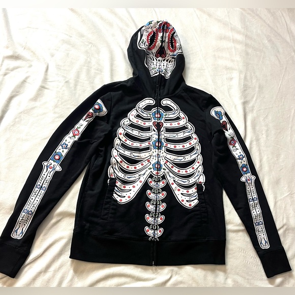 Hot Topic Black Skeleton Graphic Full Zip Hoodie Sweatshirt w Face Mask Sz Med - Picture 1 of 15
